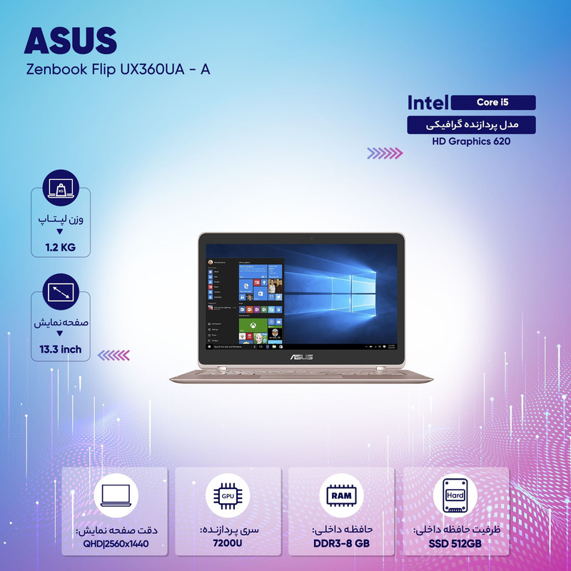 لپ تاپ ایسوس مدل   Zenbook Flip UX360UA - A  ظرفیت حافظه RAM:هشت گیگابایت 13.3 اینچ Core i5 Intel 