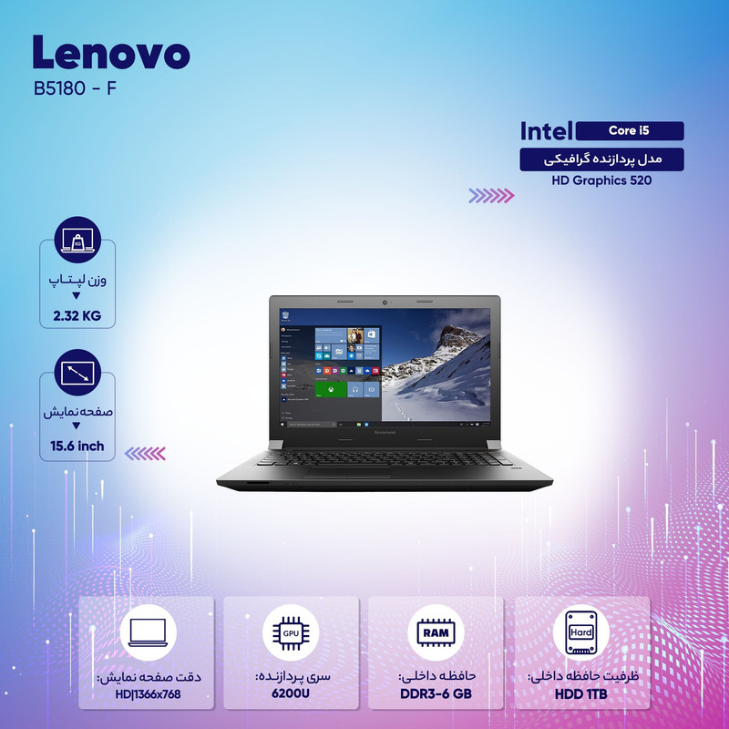 لپ تاپ لنوو مدل   B5180 - F  ظرفیت حافظه RAM:چهار گیگابایت 15.6 اینچ Core i5 Intel 
