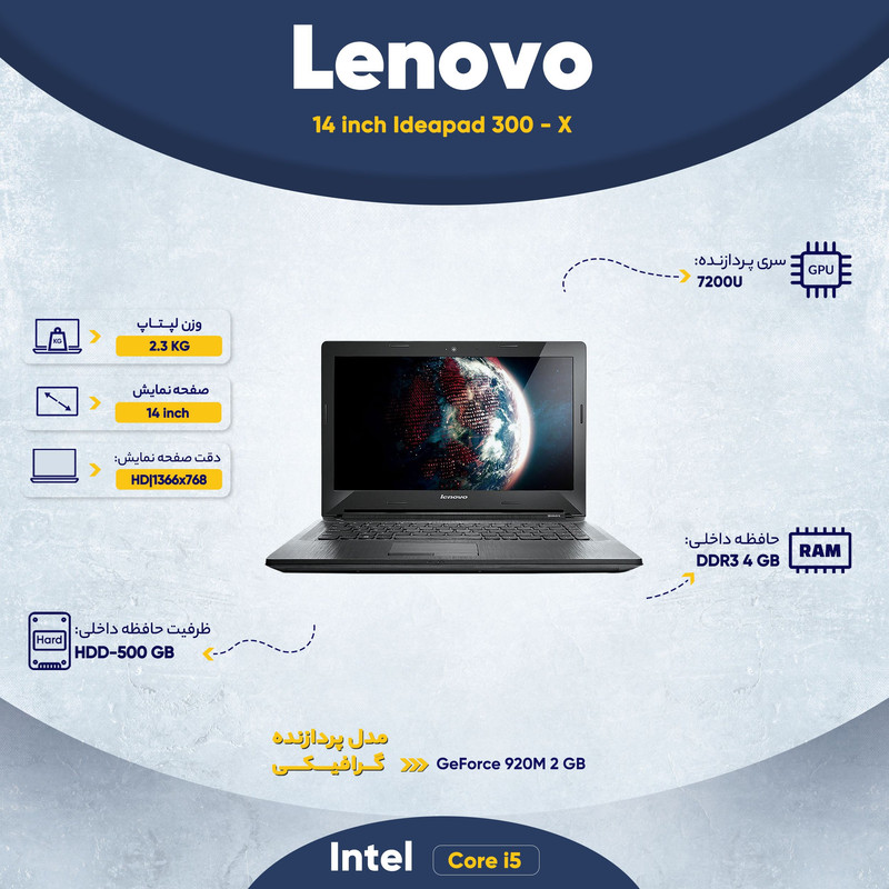 لپ تاپ لنوو مدل   Ideapad 300 - X  ظرفیت حافظه RAM:چهار گیگابایت 14 اینچ Core i5 NVIDIA 