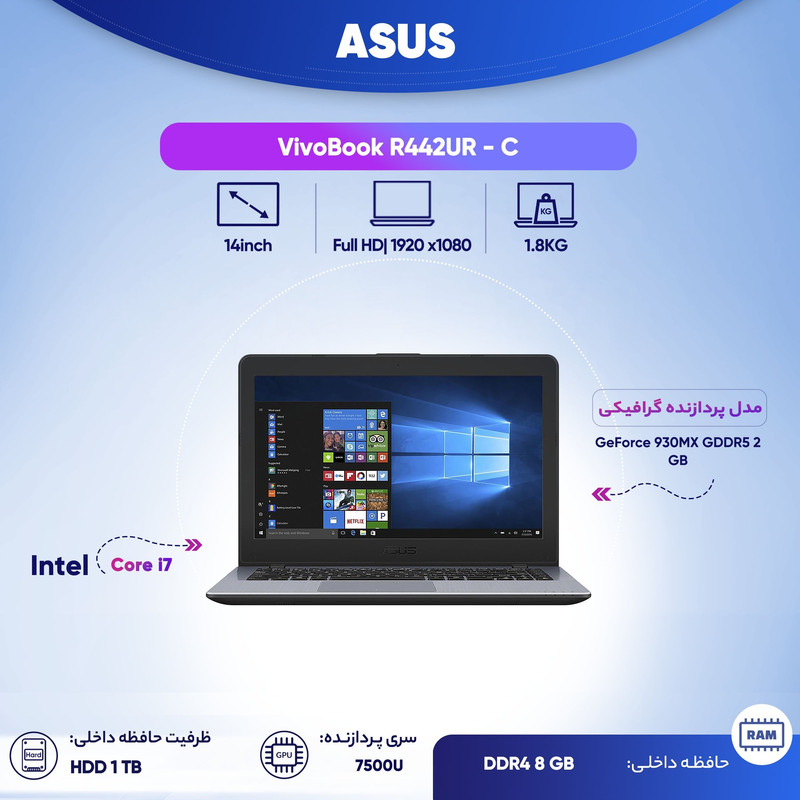 لپ تاپ ایسوس مدل   VivoBook R442UR - C  ظرفیت حافظه RAM:هشت گیگابایت 14 اینچ Core i7 NVIDIA 